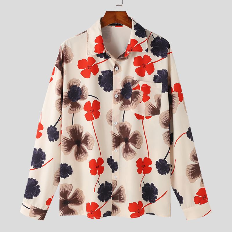 Men Long Sleeve Floral Printed Casual Loose Baggy Shirts