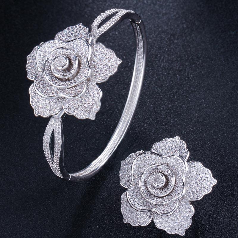 WWJ Super Luxury Zirconia Large Golden Color Geometric Flower Wedding Ring Bangle Sets