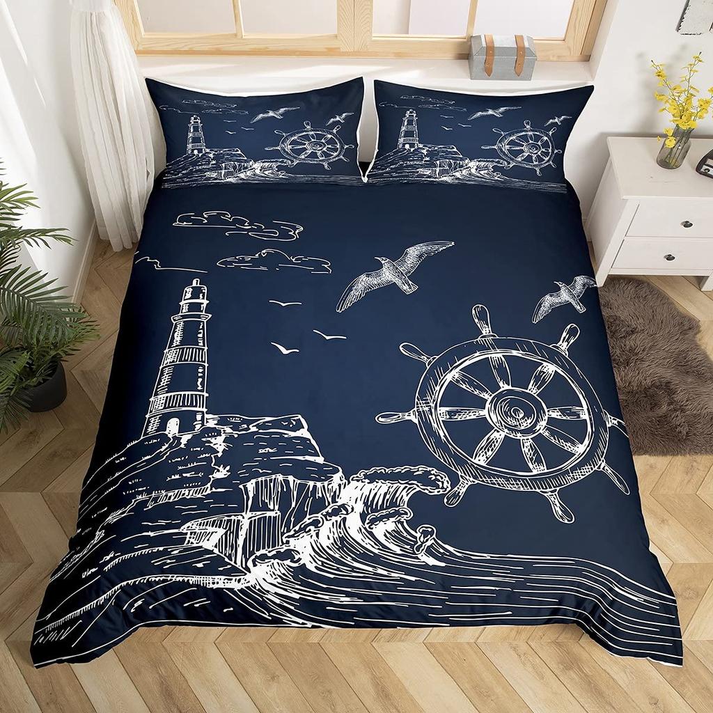 Nautical Anchor Duvet Cover Set Vintage Sail Boat Lighthouse Bedding Set Conch Starfish Seashell Ocean Wave Comforter Cover King