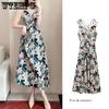 WTEMPO Summer Women's Large Size Dress Slim and Thin Floral Dress Waist-skimming Temperament Beach Dress Loose Print Floral Dress