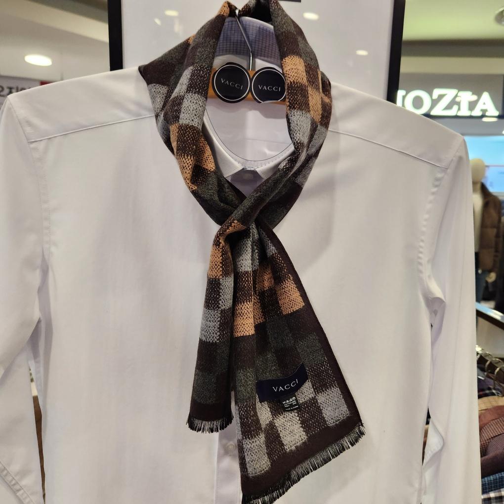 Men's Winter Fitted Brown Beige Gray Brown Mixed Square Check Petite Slim Muffler VM1M4BS110I0