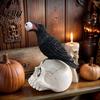 Desktop Halloween Decor Raven on Skull Home Decor, Gothic Crow Eyeball Detail Statue, Bird Perching Skeleton Figurine, Macabre Ossuary