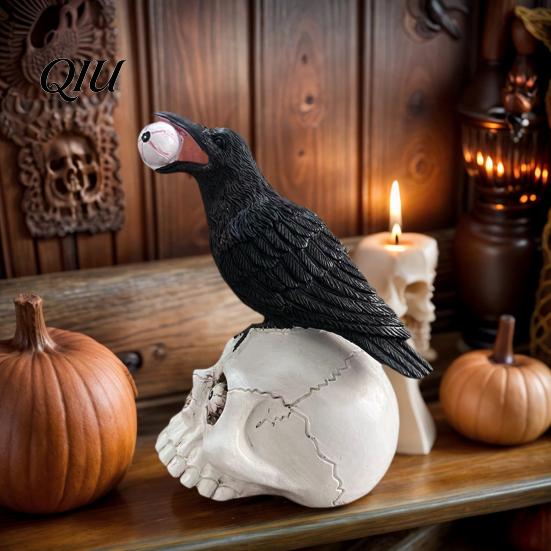 Desktop Halloween Decor Raven on Skull Home Decor, Gothic Crow Eyeball Detail Statue, Bird Perching Skeleton Figurine, Macabre Ossuary