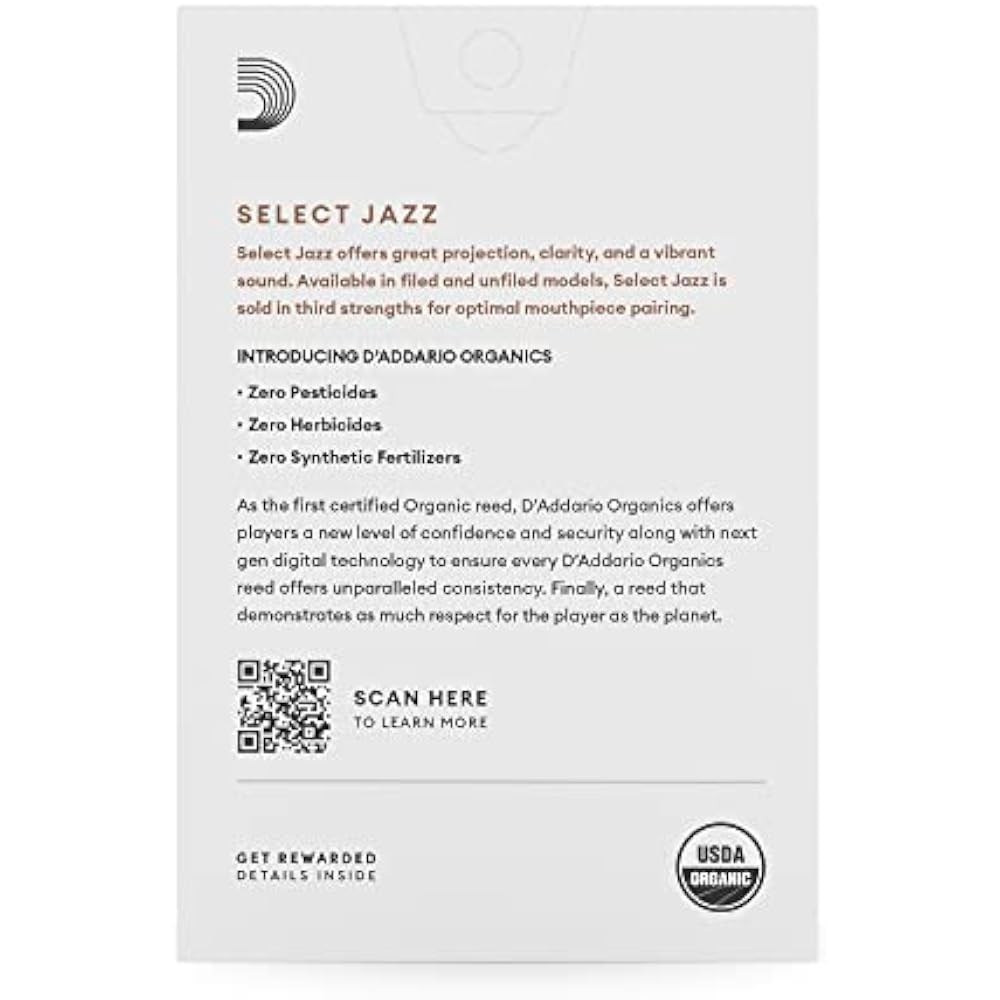 D'Addario WoodWinds Daddario Reed for Soprano Saxophones USDA Organic Certified SELECT JAZZ UNFIL...