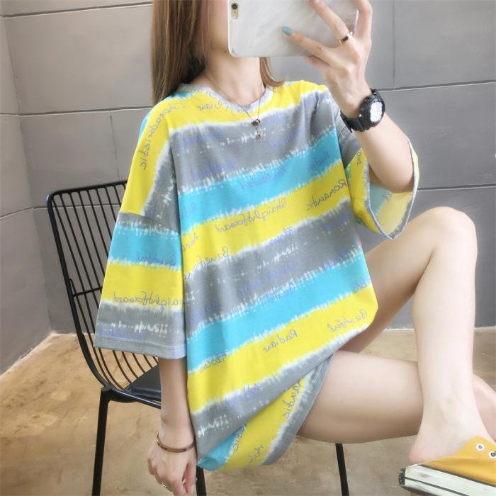 Color Stripes Contrast Color Summer 2025 Large Wide Women's Top Women's Short Sleeve T-Shirt Crew Neck
