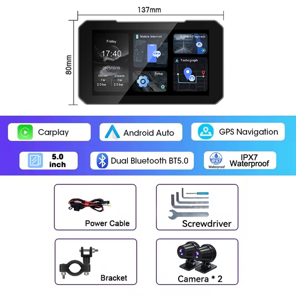 5 Inch Touch Screen Motorcycle CarPlay Screen Support Dual Camera Record with Wireless CarPlay and Android Auto IP67 Waterpr