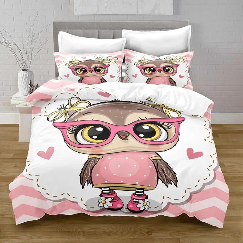3D-Druck Kawaii Eule Bettbezug mit Kissenbezug Schlafzimmer Dekoration Bettwäsche Queen-Bettwäsche Schlafzimmer-Set King-Size-Bett Heimtextilien
