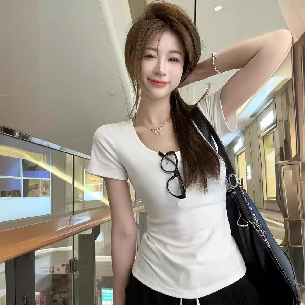 Basic solid color shoulder short-sleeved T-shirt women's summer sweet and hot girl U-neck waist pinch slim and thin cotton short top