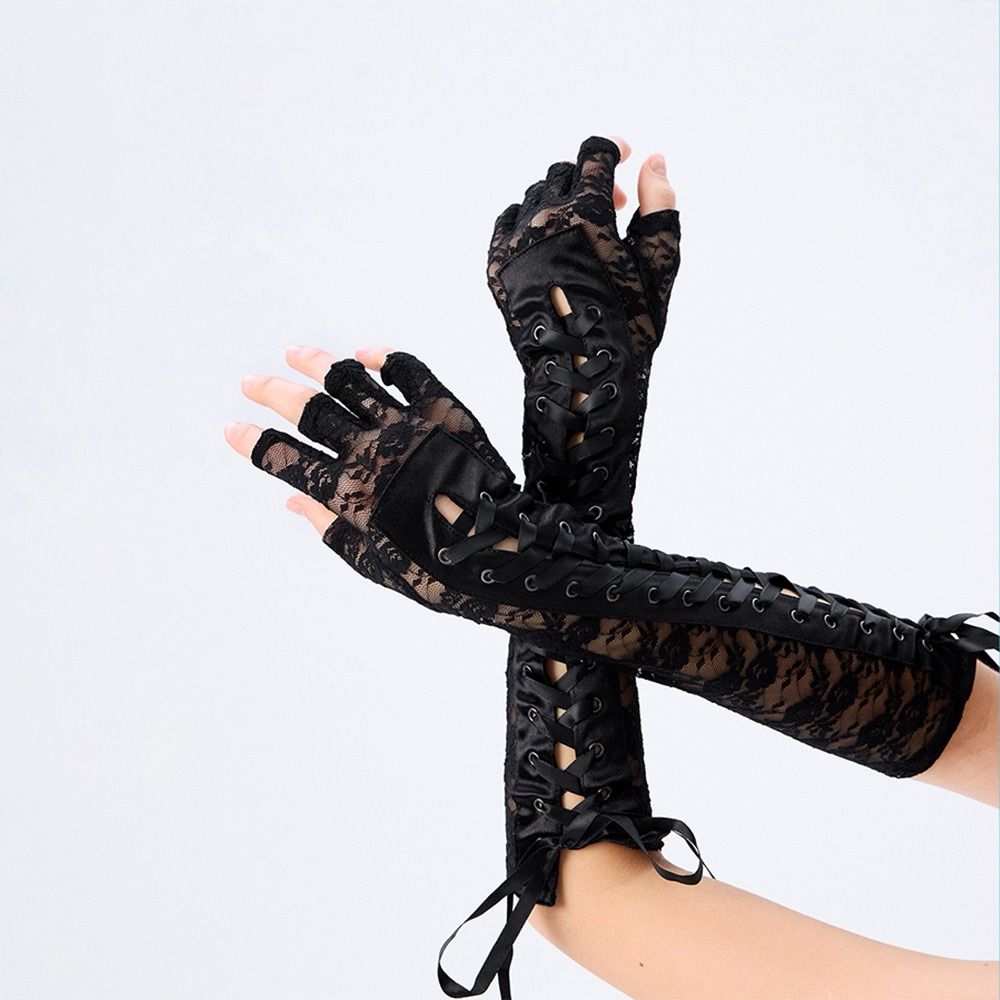JK Lace Strap Gloves Long Gloves Elastic Women Gloves Slim Ribbon Half Finger Gloves Women