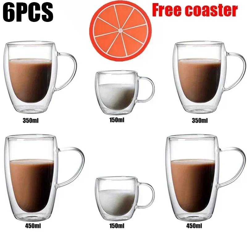 2-6pcs Double-layer Wall Transparent Cup Coffee Milk Drink Mug High Borosilicate Glass Drinkware Heat Resistant Household Office