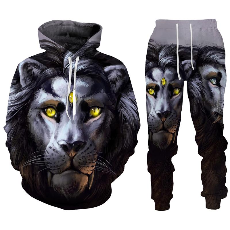 Trend Animal The Lion 3D Print Men's Tracksuit Sets Casual Hoodie And Pants 2pcs Sets Oversized Sweatshirt Fashion Men Clothing