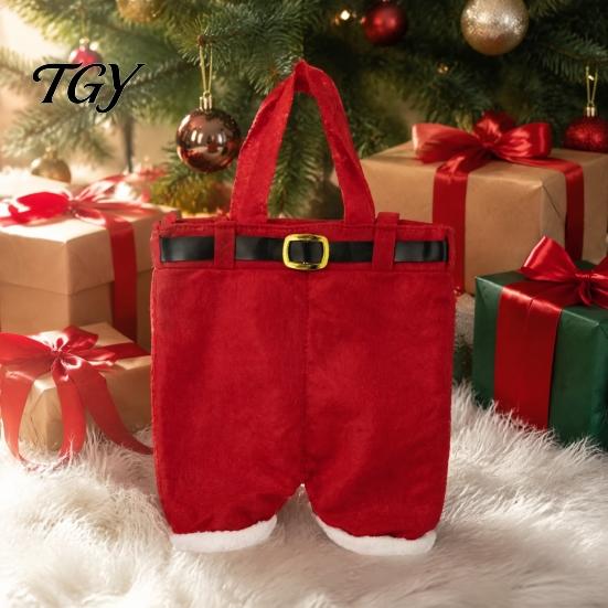 Santa Claus Pants Gift Holders Shaped Christmas Candy Bag, Large Wine Bottle Holder with Festival Pouches Handle, Holiday Treat Tote for Party