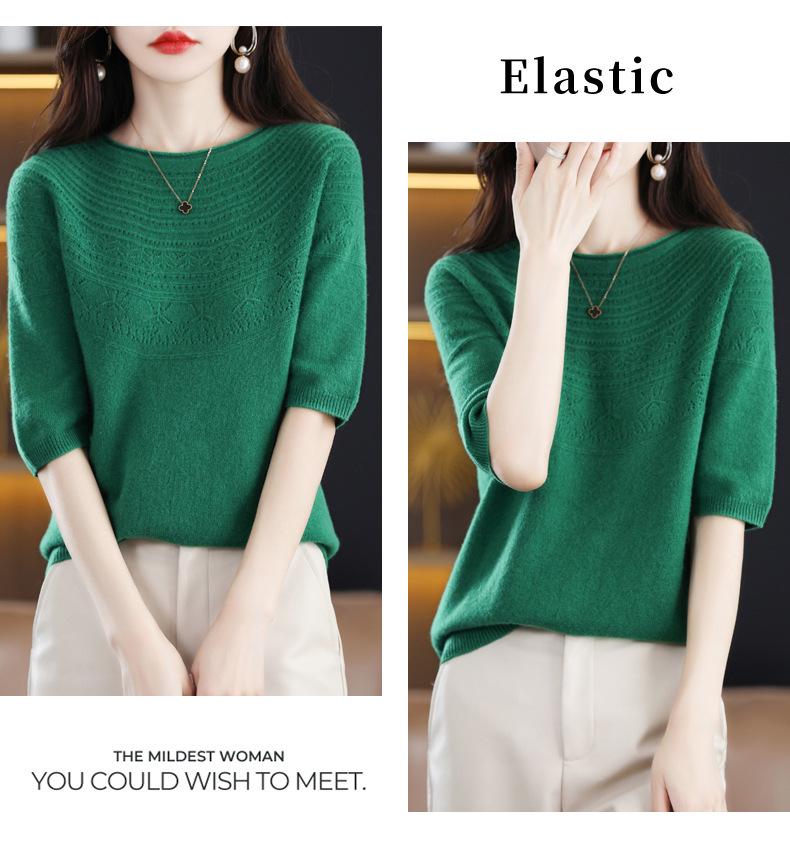 Women's Slim Fit Wool-Cashmere Sweater: Round Neck, Short Sleeve, Ideal for Autumn-Winter Layering