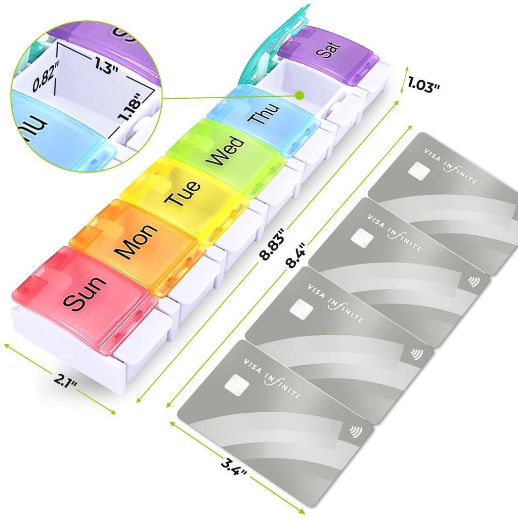 Wöchentlicher Pillenorganisator Arthritis-freundlich, BPA-frei Reise 7-Tage-Pillenbox-Etui mit Federöffnungsdesign und großem Fach