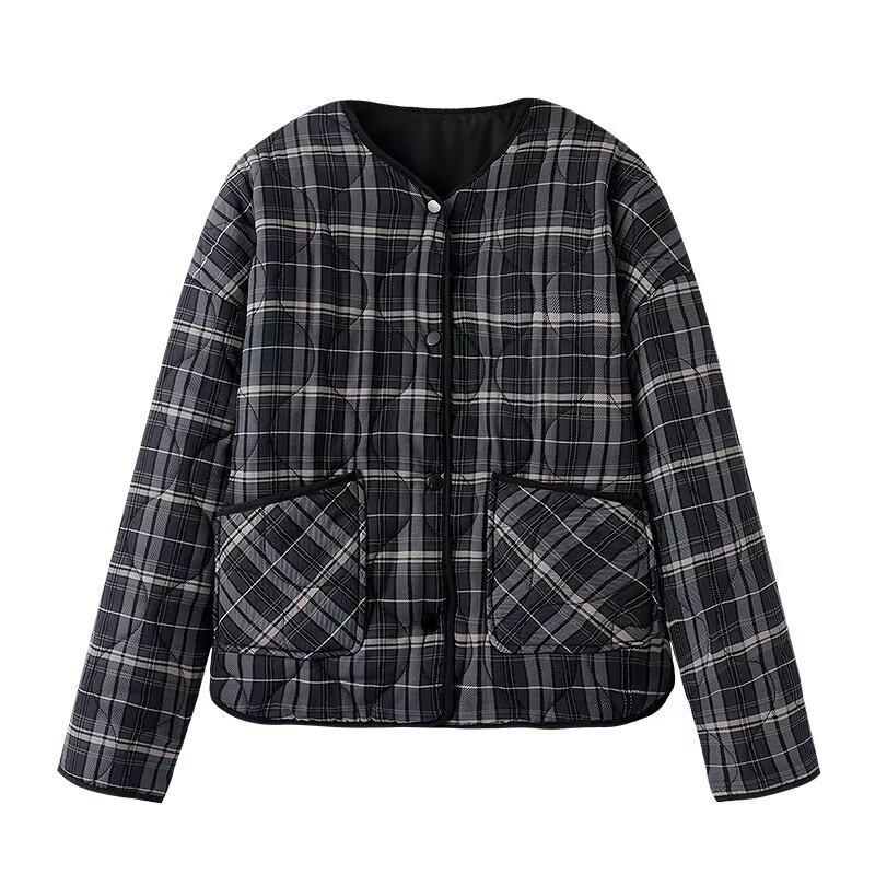 

Spring 2025 Women s Casual Plaid Round-Neck Cotton Jacket Small чёрный