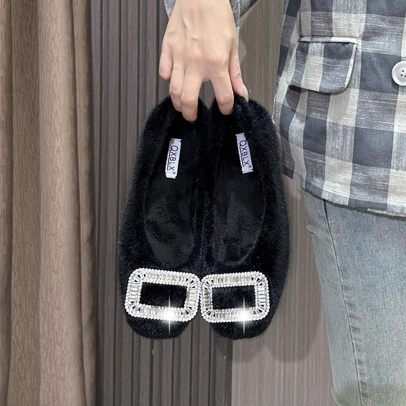 2025 New Winter Women's Furry Velvet Loafers - Black Cotton Flat Warm Slippers