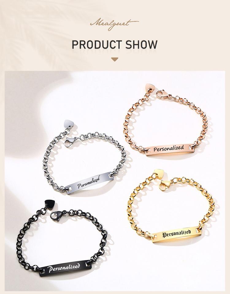 Engraved Name Bar Bracelet Personalized, Gold Plated Stainless Steel Heart Chain, Custom Gift for Women Girlfriend Mom Wife