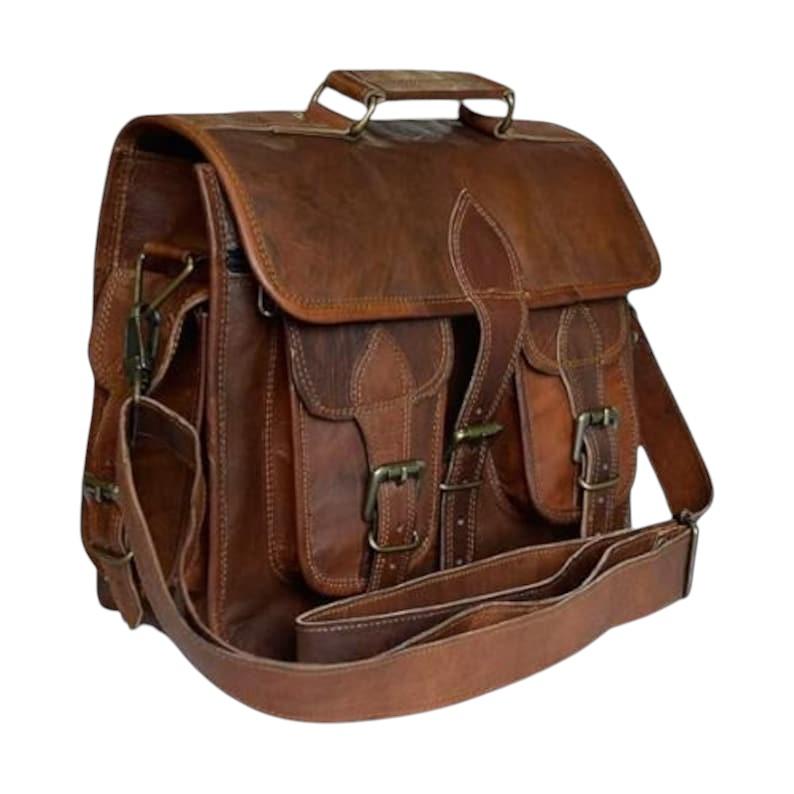 Prastara Premium Brown Leather Messenger Laptop Bag | Goat Leather Messenger Bag For Men | Work & Travel Gift