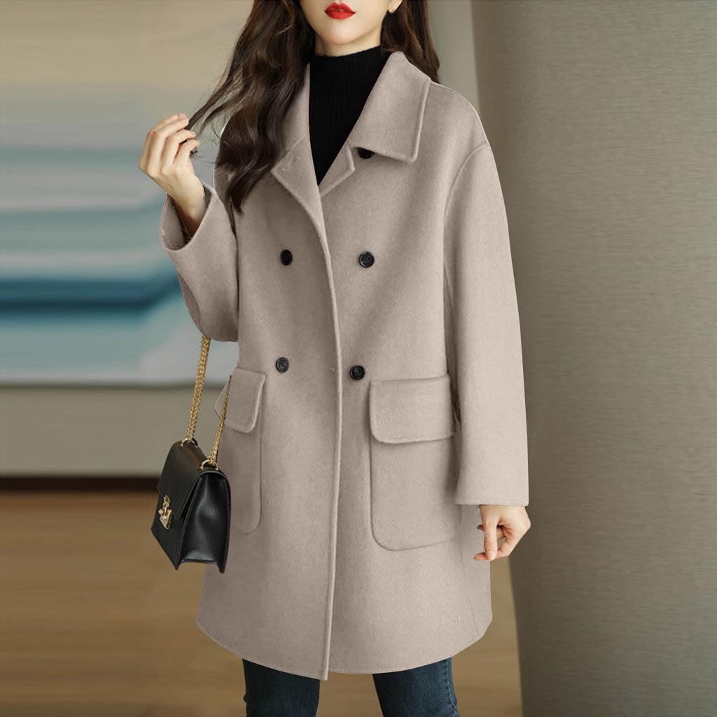 Women's Color Long Sleeve Double Breasted Mid Length Pocket Woolen Coat