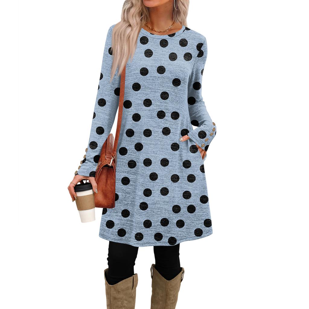 Women's Fashion Casual Dress With Pockets, Decorative Buttons, Polka Dot Prints, Round Neck And Long Sleeves