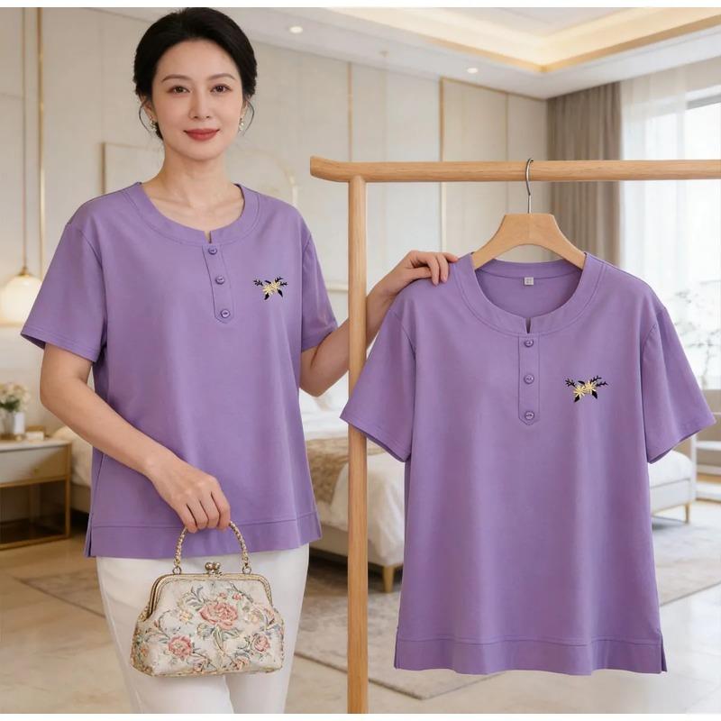 

Womens Floral Embroidered Henry Neck Short Sleeve T Shirt L