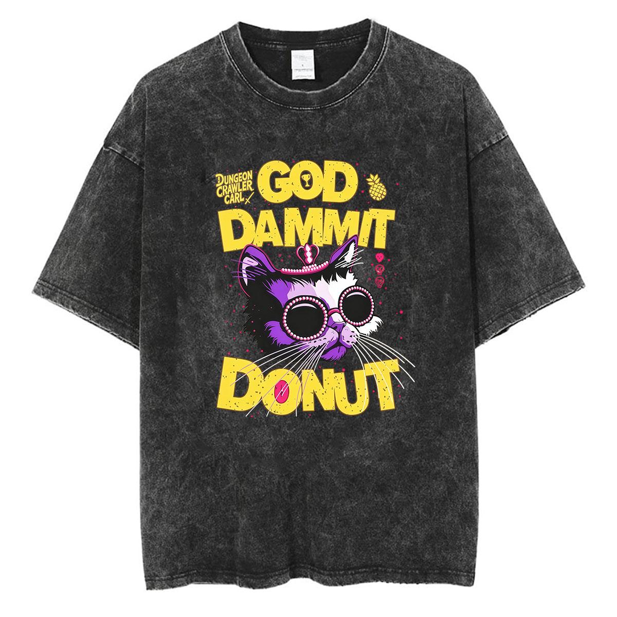 Vintage Washed Dungeon Crawler Carl T Shirts God Damnit Donut Cat Meme Graphic T-shirt Men Women Game Cosplay Short Sleeve Tees S разноцветный