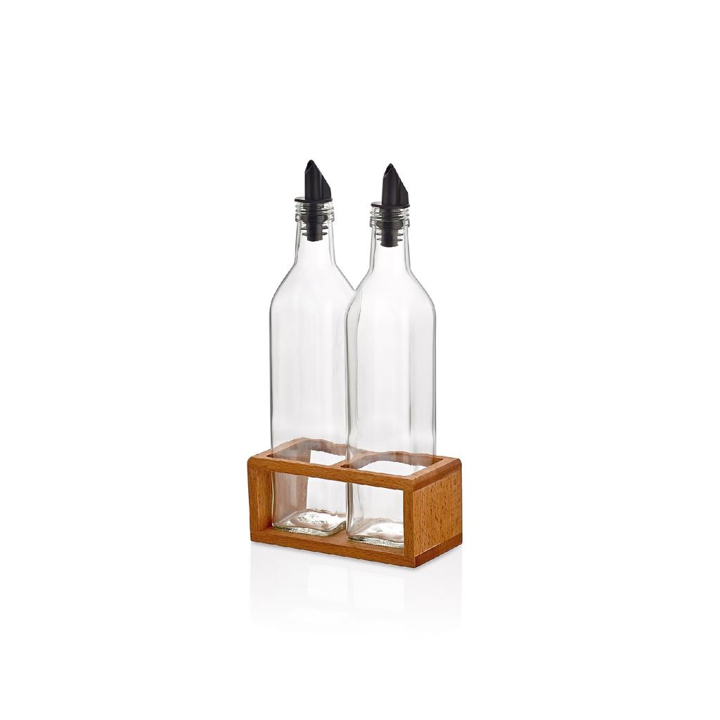 2 Piece Oil Pot Set 500 Ml, Oil And Vinegar Bowl With Wooden Stand