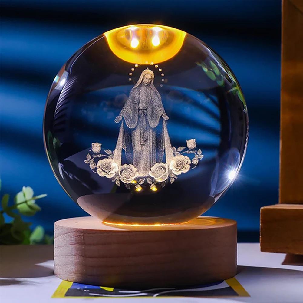 3D Creative Engrave Crystal Ball with Wooden Base USB Charging LED Crystal Ball Night Light Lighted Crystal Ball Art Decoration
