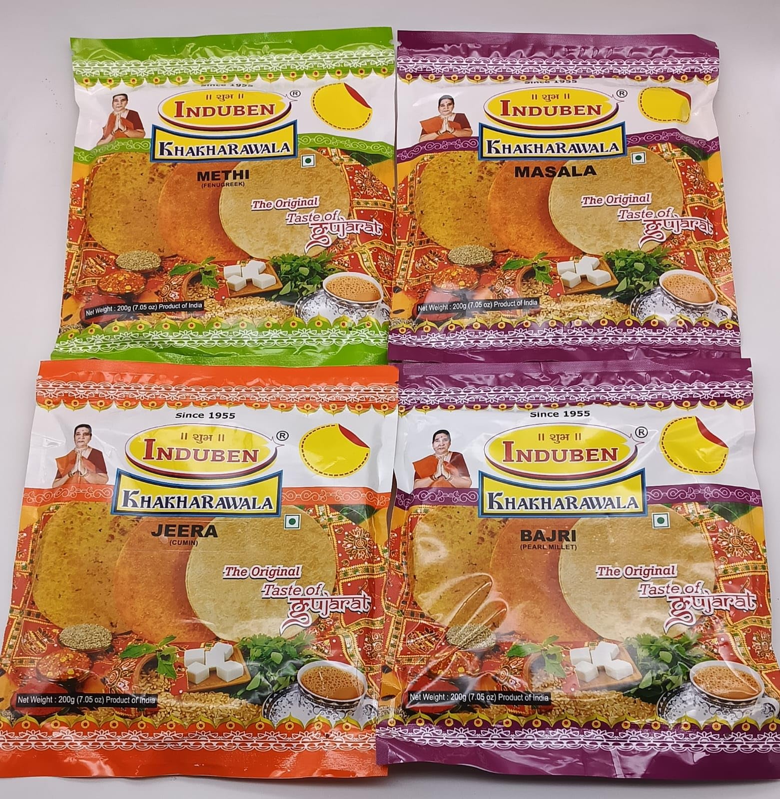 Induben Khakhra Variety Pack (200g x 4) | Methi, Masala, Jeera & Bajri Khakhra Combo | Authentic Gujarati Snacks | Healthy Roasted Namkeen | Ready