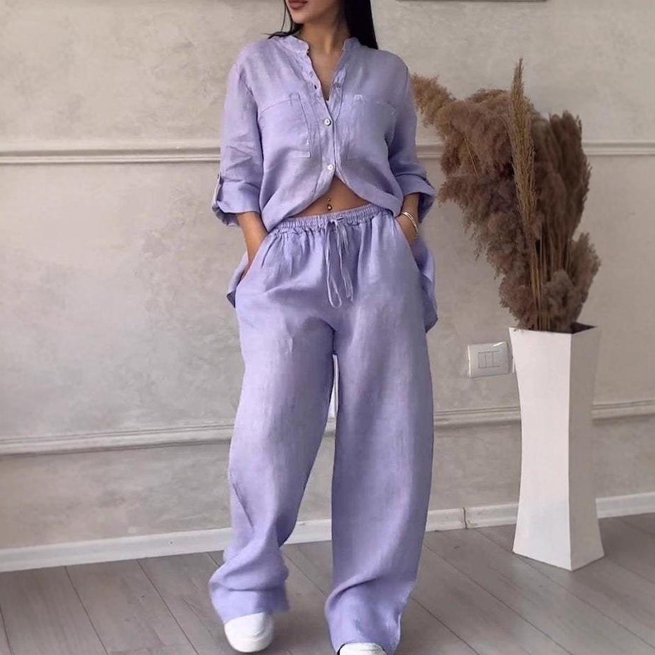 2025 Euro-americká sada bavlněných lněných košil a širokých kalhot