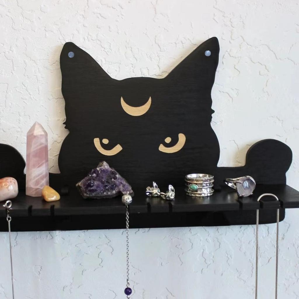 Crystal Shelf Display Black Cute Cat Floating Shelves for Halloween Wall Bedroom Decor Display Shelf for Crystals and Stones Witchy Room Decorations