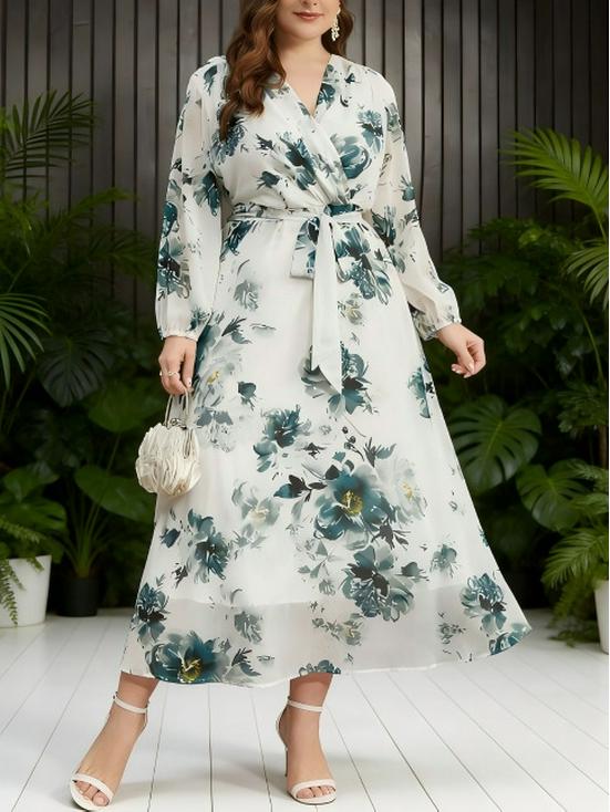 Plus Size Middle Eastern Chiffon Print V-Neck Tie-Waist Long Dress XL зелёный