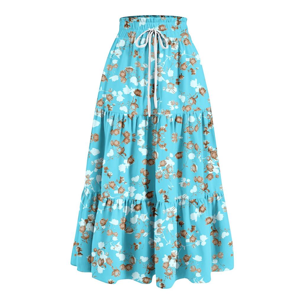 Women's Ruffled Spring Casual Long Skirt Plain Color Skirt Retro Pleated Skirt
