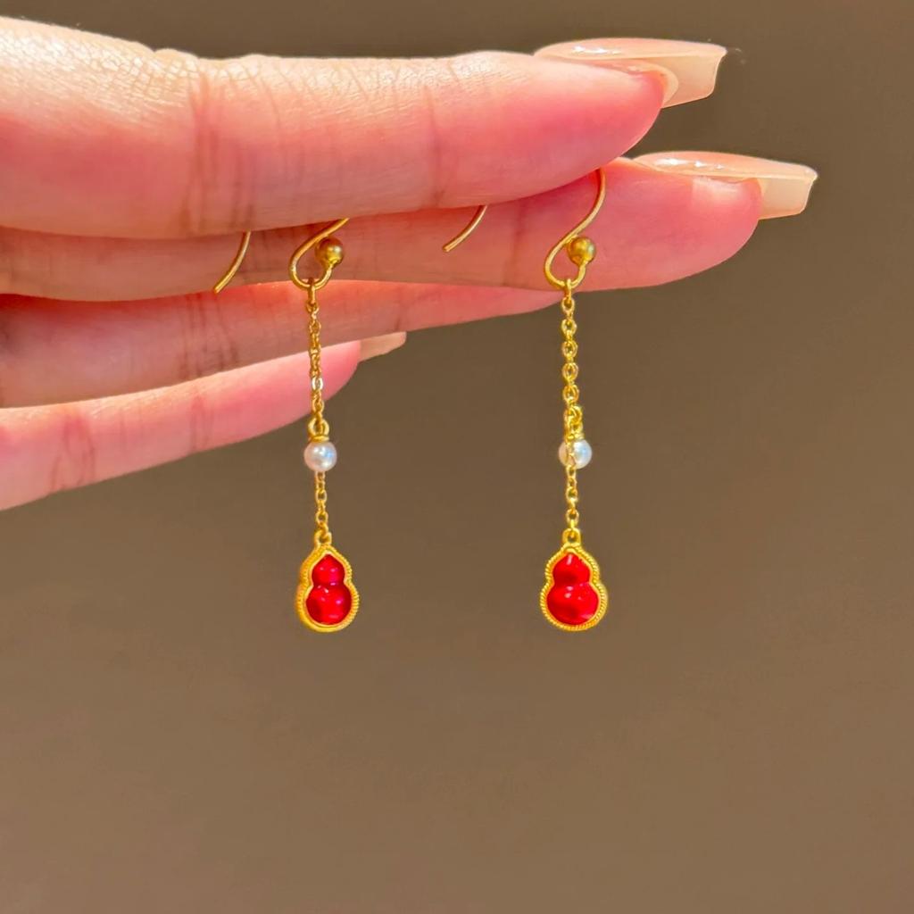 Silk Red Gourd Drip Glaze Necklace Ring Earrings Bracelet Temperament Versatile Lucky Red Jewelry Set