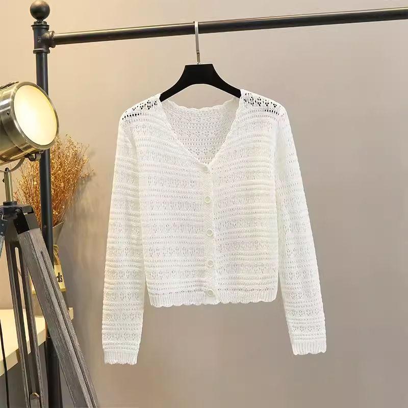 

Classy Cut Out Ice Silk Knitted Cardigan Women s Autumn Thin Short Outwear Cape Sun Protection Clothing Long Sleeve Coat Top White -765 Long sleeves XL