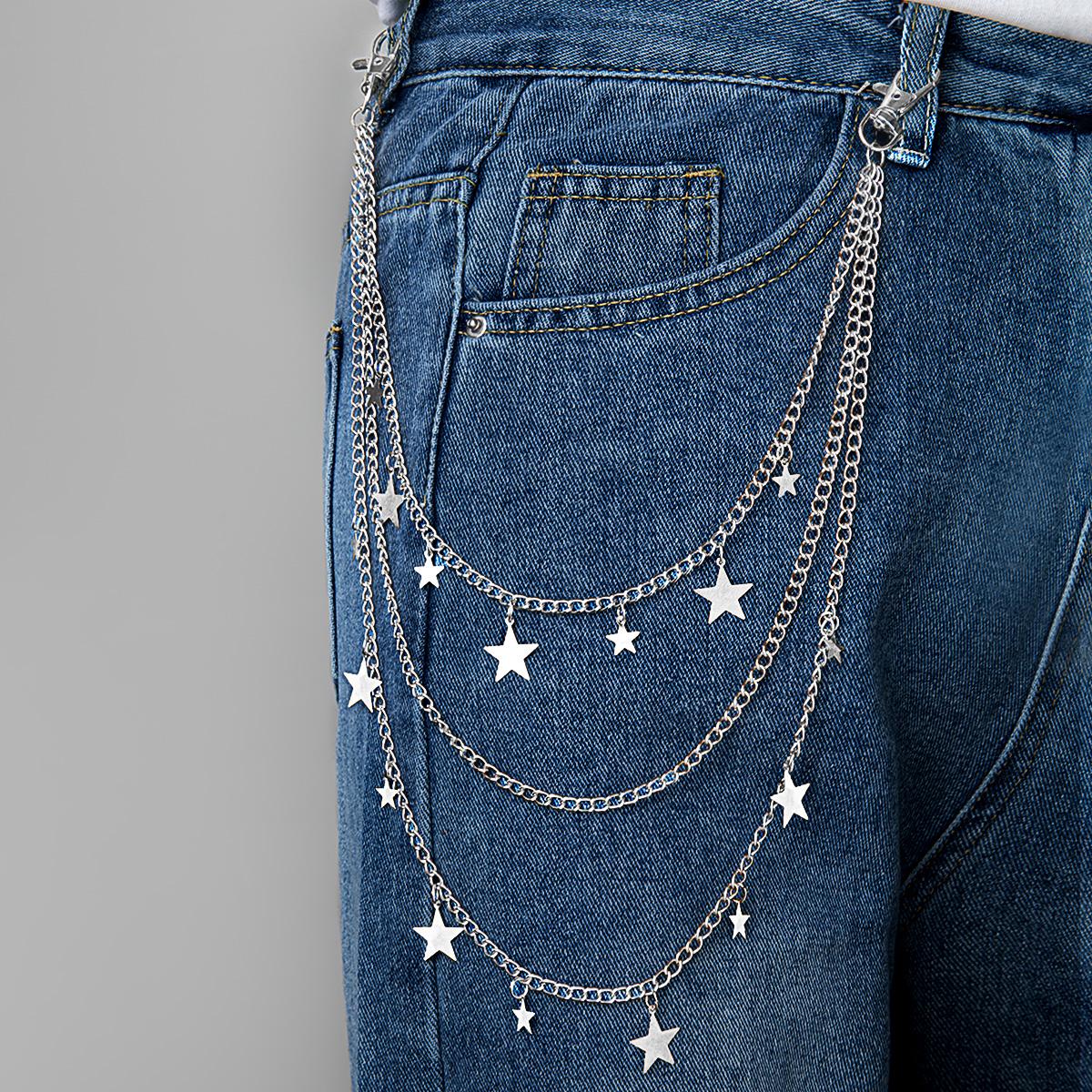 

1 piece of hip-hop neutral style iron sheet, star tassel, multi-layer stacked jeans, hanging chain, body chain