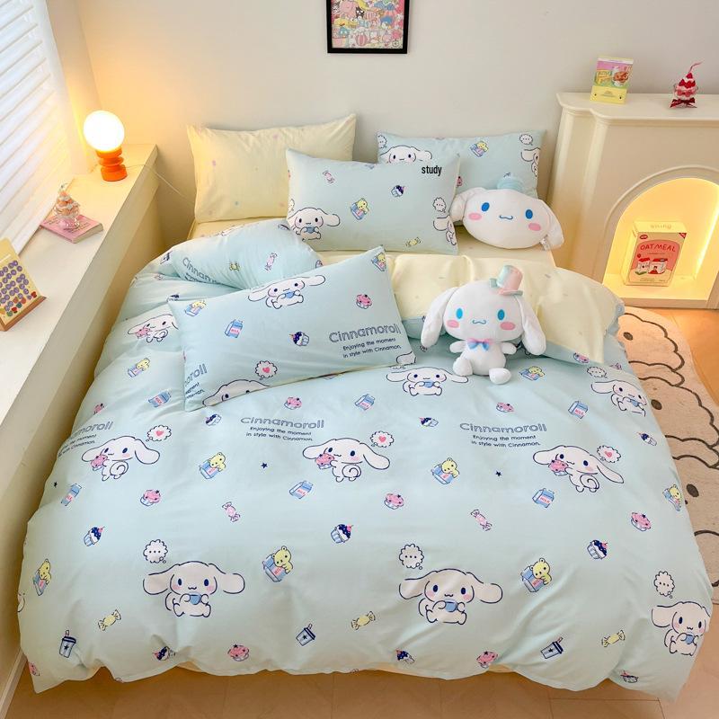 Hello Kitty All-Cotton Cute Cartoon Girl Fitted Sheet & Duvet Set - 4-Pc Dorm Style