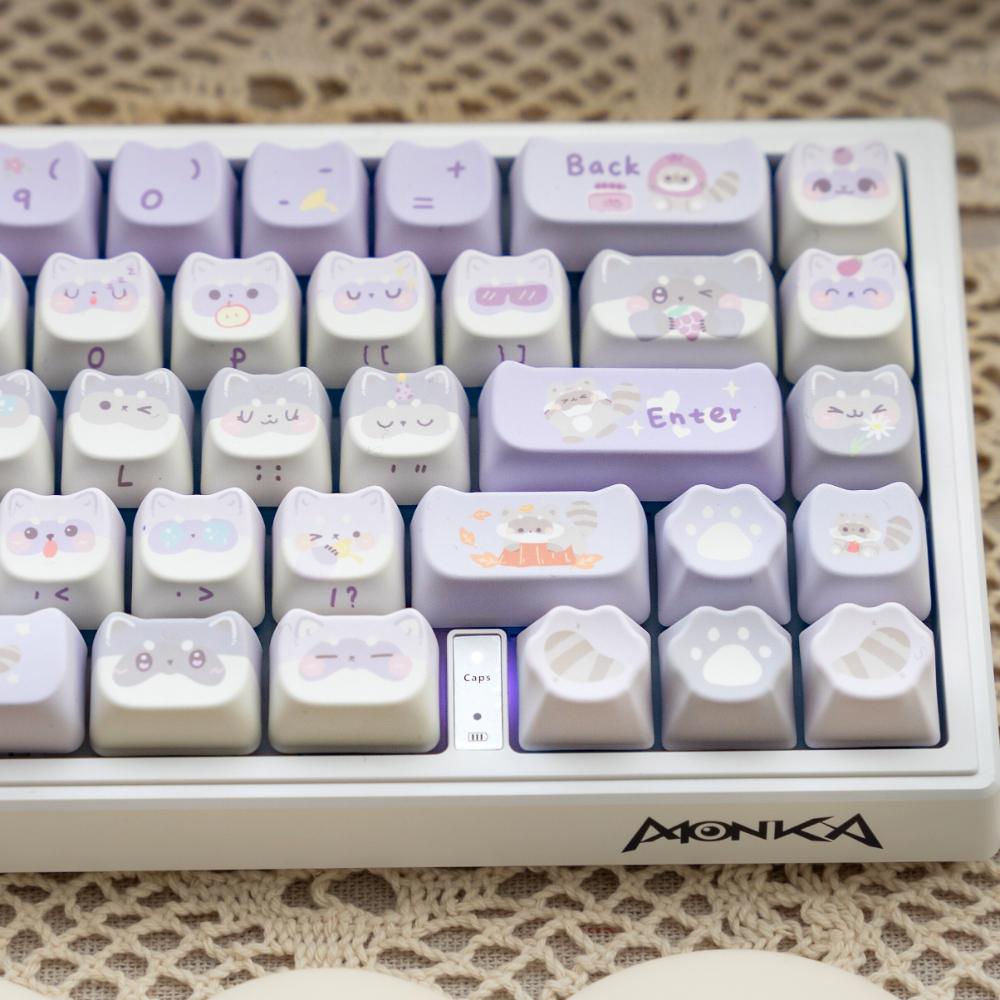 MAIMOOO 141 Lilac Keycaps Cute Raccoon MAO PBT Full Five-Sided Sublimation Mechanical Keyboard DIY Light Purple Cat Keycap Gift