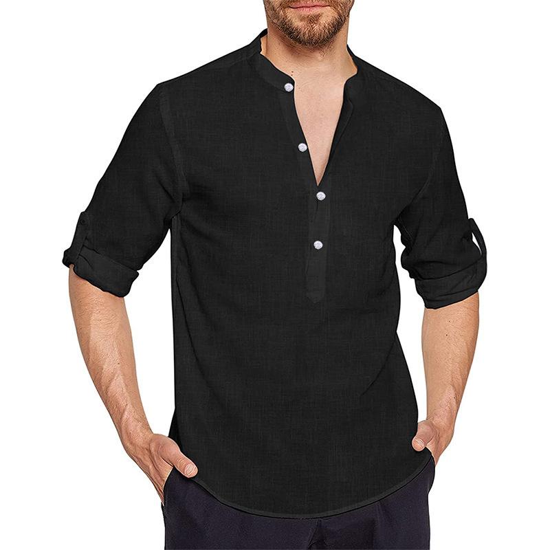 Men's Cotton Linen Shirt Casual White Black Roll Up Sleeve Buttons Stand Collar Tops Men Long Sleeve Shirts