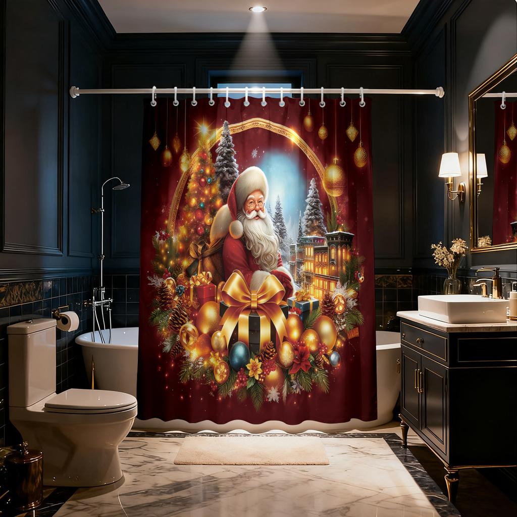 GAE1pc Santa Claus print waterproof shower partition privacy hanging curtain 12 hooks multi size decoration machine washable