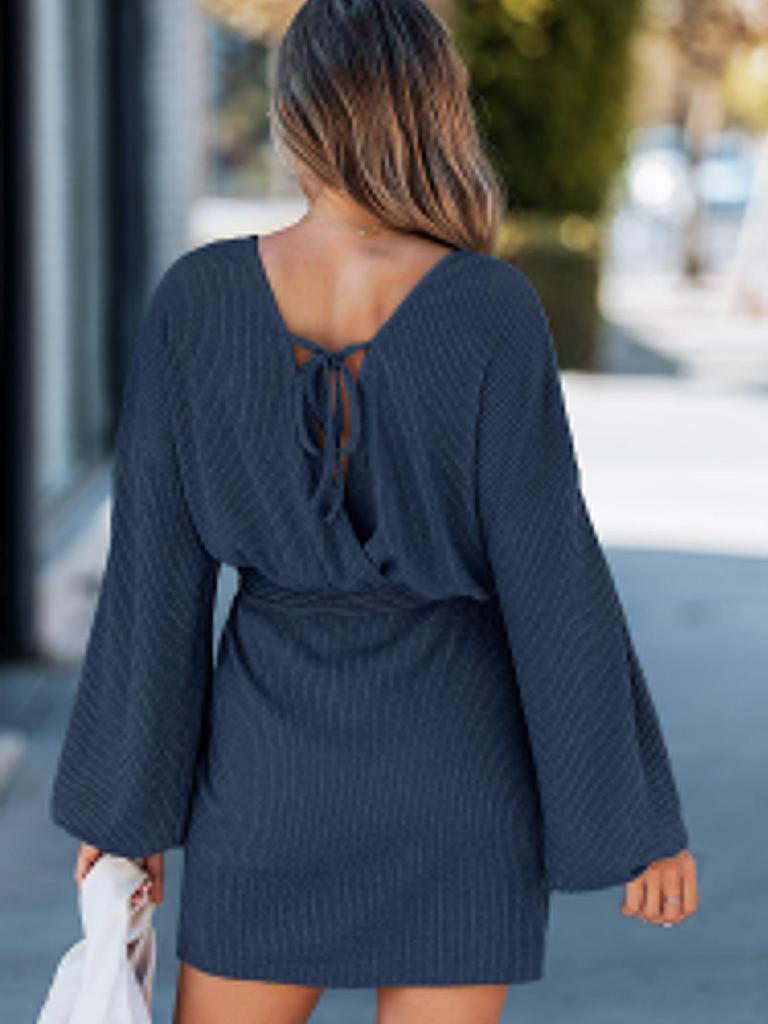 2026 Spring/Autumn Women's Long Sleeve Ribbed Knit Dress with Belt - European & American Style