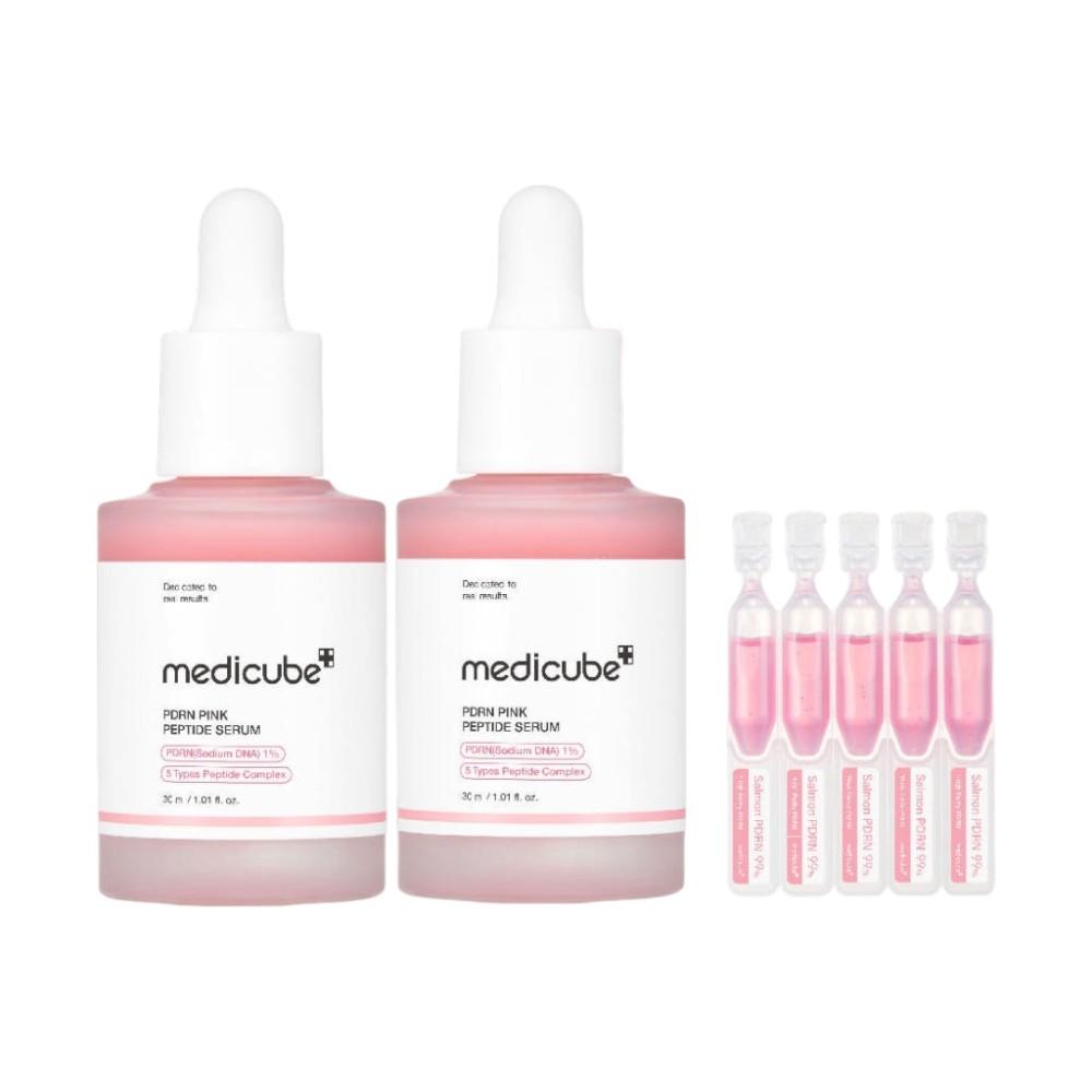 Medicube PDRN Pink Brightening & Glow Ampoule, Dark Spot & Radiance Care, 30ml (2-Pack + 5 Bonus Serum Masks)