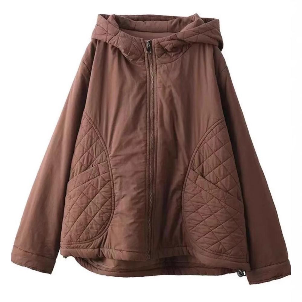 Johnature Women Vintage Hooded Jackets Zipper Solid Color Winter NPatchwork Pockets Casual Warm Jackets Coat