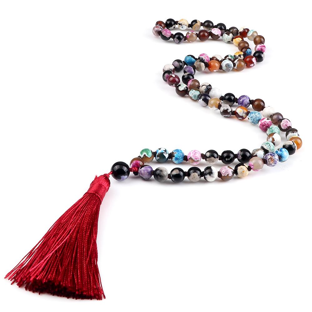European 8mm Stone Bead Tassel Necklace and Multi-Strand Buddhist Bead Bracelet