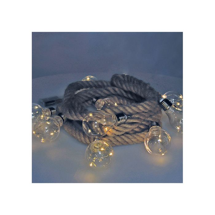Guirlande A Batterie Fixe 10 Ampoules Avec 3 Leds Chaque Ampoule. Corde De Jute Légère Blanc Chaud 3,15m