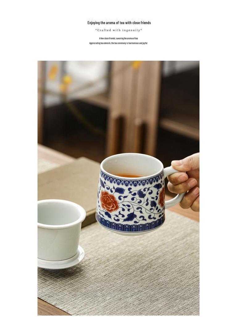 Mutton Fat Jade Blue & White Ceramic Tea Cup with Water Separator - Ideal Gift for Elders