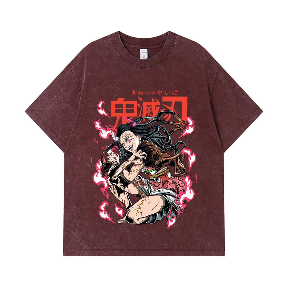 275 GSM Washed T-shirts 100% Cotton Demon Slayer V71 Nezuko Demon Print Unisex Heavy Cotton T Shirt