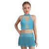 Mädchen Funkelndes Strass Latin Dance Top Neckholder Ärmellos Überkreuztes Rückenteil Netz-Patchwork-Design plus Fransen-Rock mit eingebauter Hose