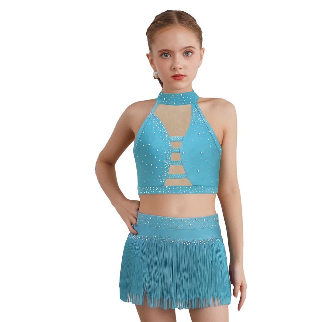 Mädchen Funkelndes Strass Latin Dance Top Neckholder Ärmellos Überkreuztes Rückenteil Netz-Patchwork-Design plus Fransen-Rock mit eingebauter Hose