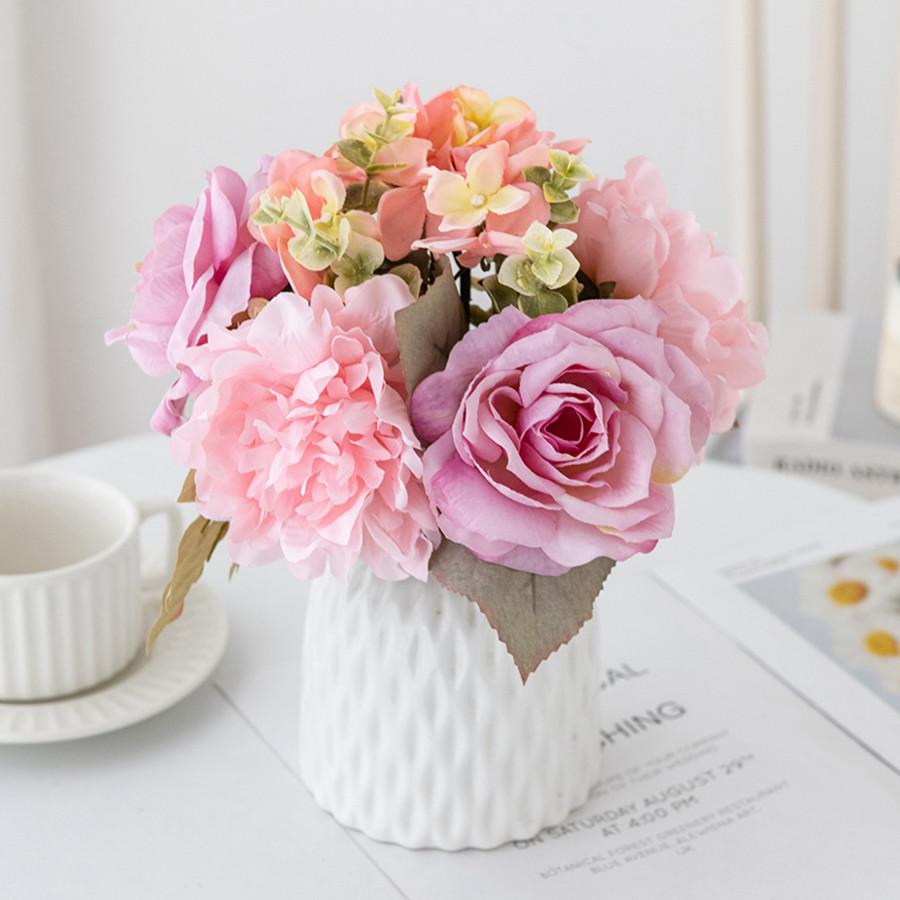 Artificial Flowers 5 Branches Silk Peony Roses Combination Home Room Decora Bridal Bouquet Wedding Wreath Accessories DIY Gifts